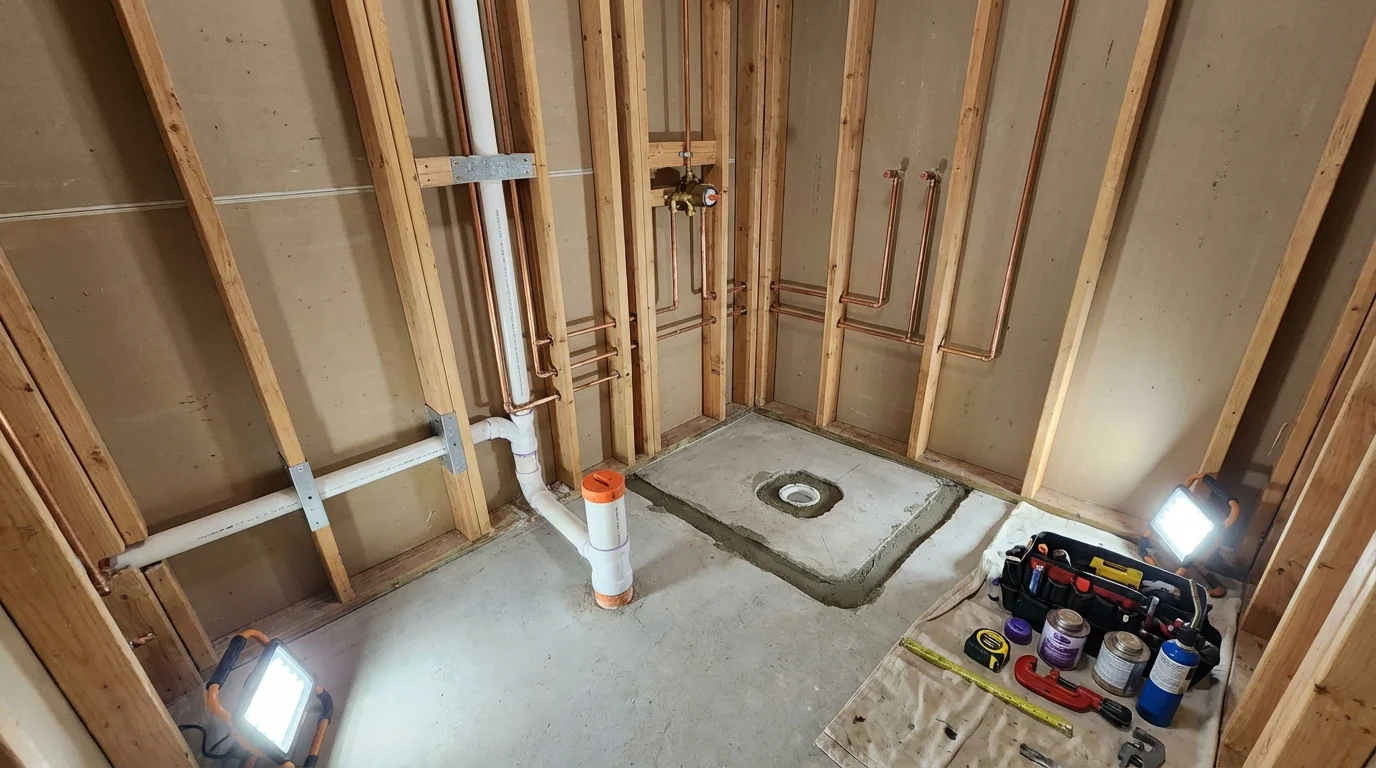 Bathroom rough-in plumbing during remodel by Johns Plumbing LLC in Fort Payne