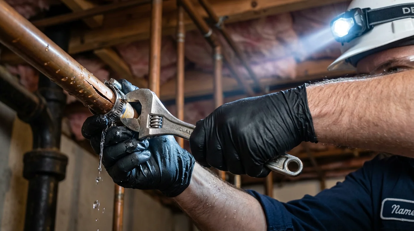 Emergency pipe clamp repair being performed by a Johns Plumbing LLC plumber in Fort Payne