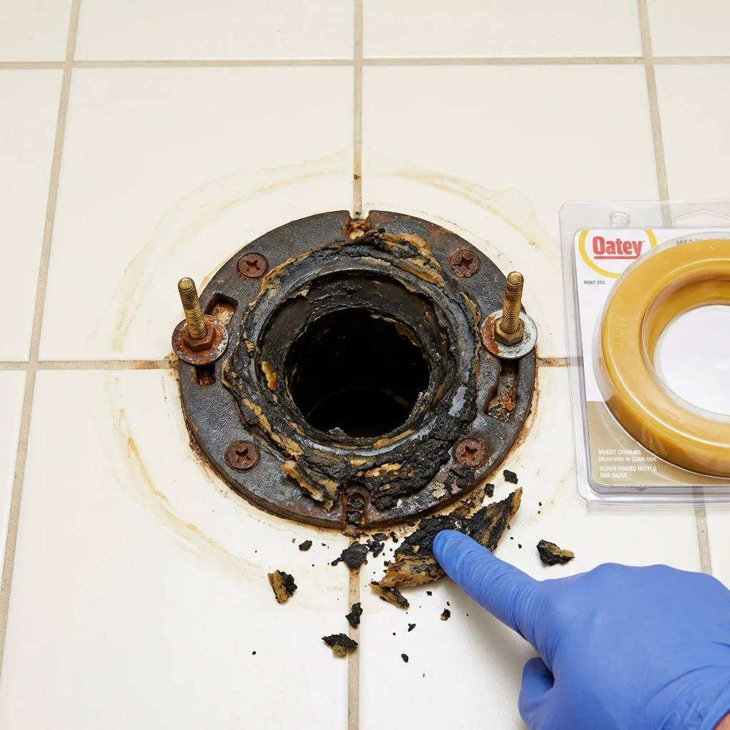 Failed wax ring showing water seepage at the base of a toilet in a Fort Payne, AL home