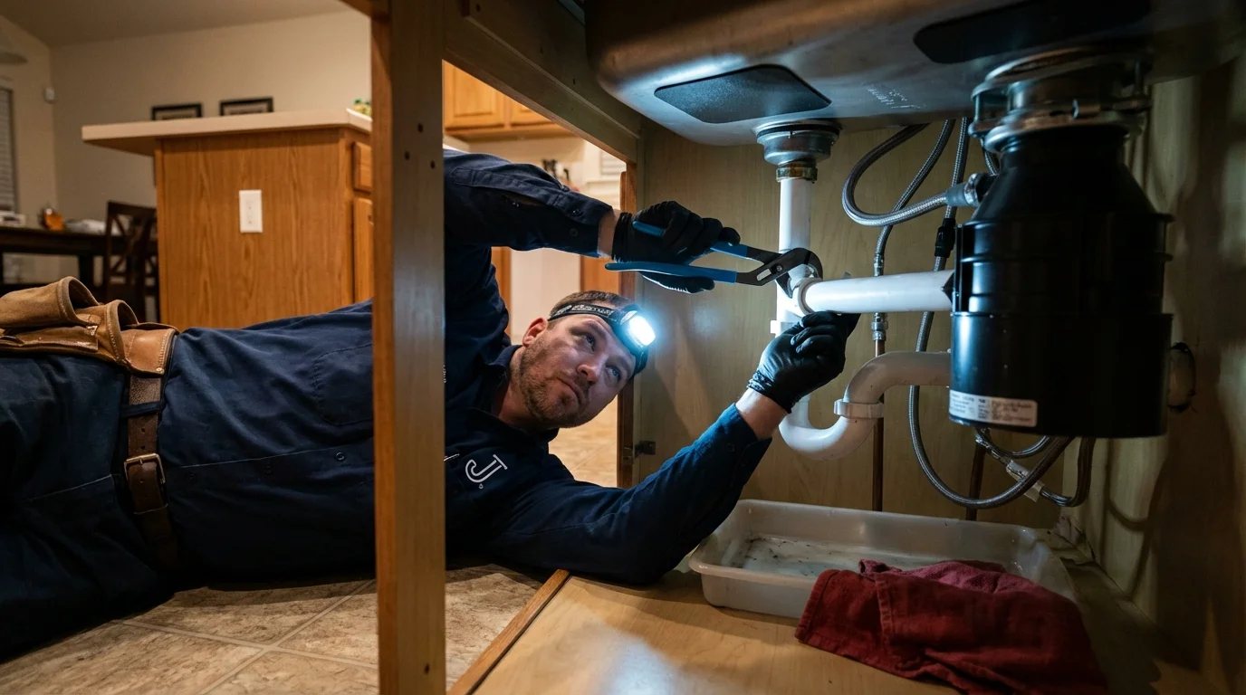 P-trap and supply line connections under a kitchen sink showing a common leak point in Fort Payne, AL